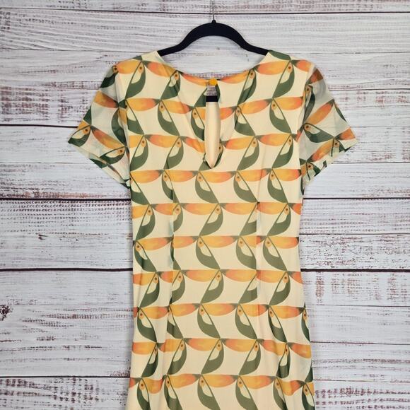 Farm Rio Mesh Midi Dress S Yellow Green Orange Sun Print Pockets Ruch Slits Line - Picture 7 of 16